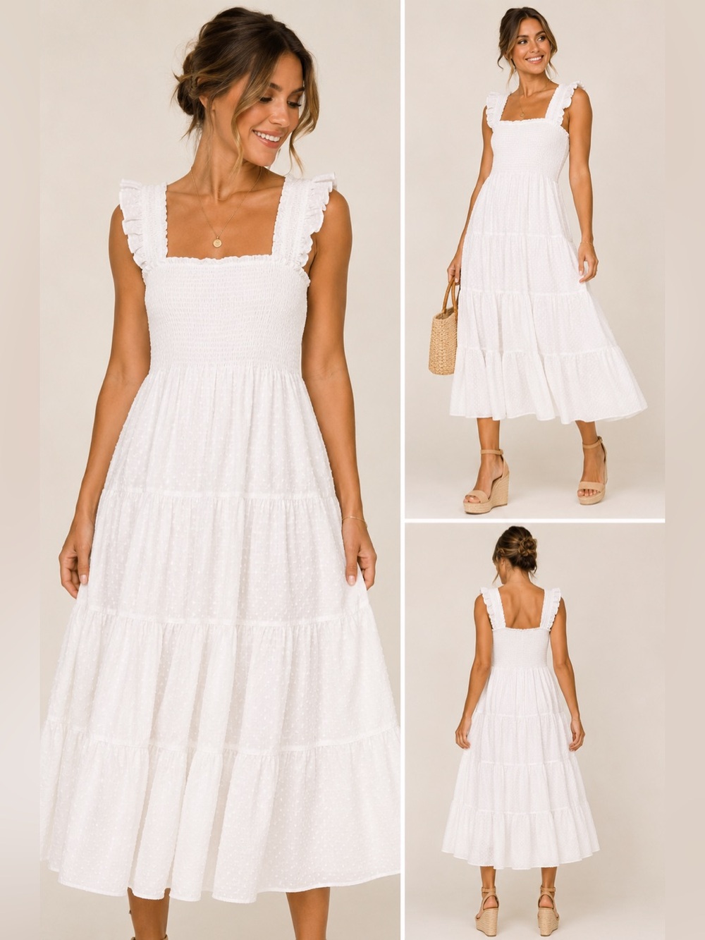 NWT Antonio‎ Melani Lani White Smocked Cotton Midi Dress L